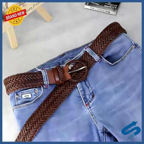 Women\'s Wide Braided Leather Belt 1.6 Inch Hand-Woven Waistband with Buckle
